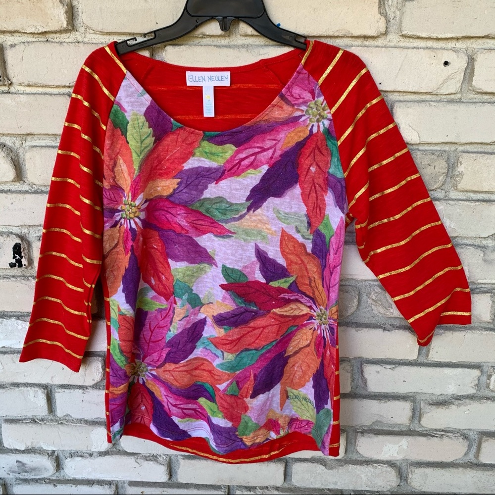 Ellen negley poinsettia front with gold stripe sleeves christmas top